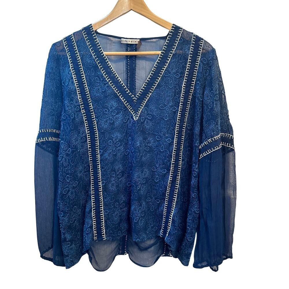 Alice + Olivia Blue Embroidered V-Neck Sheer Chiffon Indie Folk Boho Blouse M